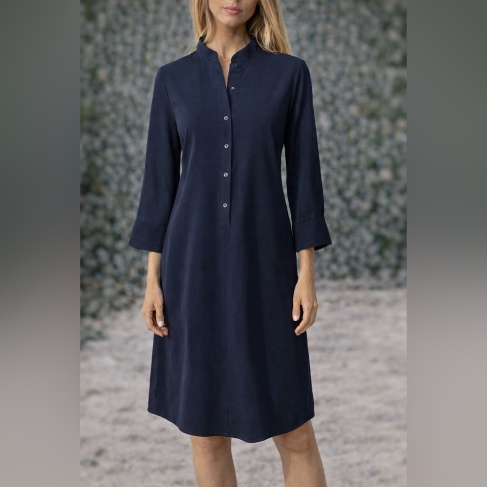 Natori Blue Long Sleeve A Line Shirt Dress 6 Small Washable Career Church NEW
